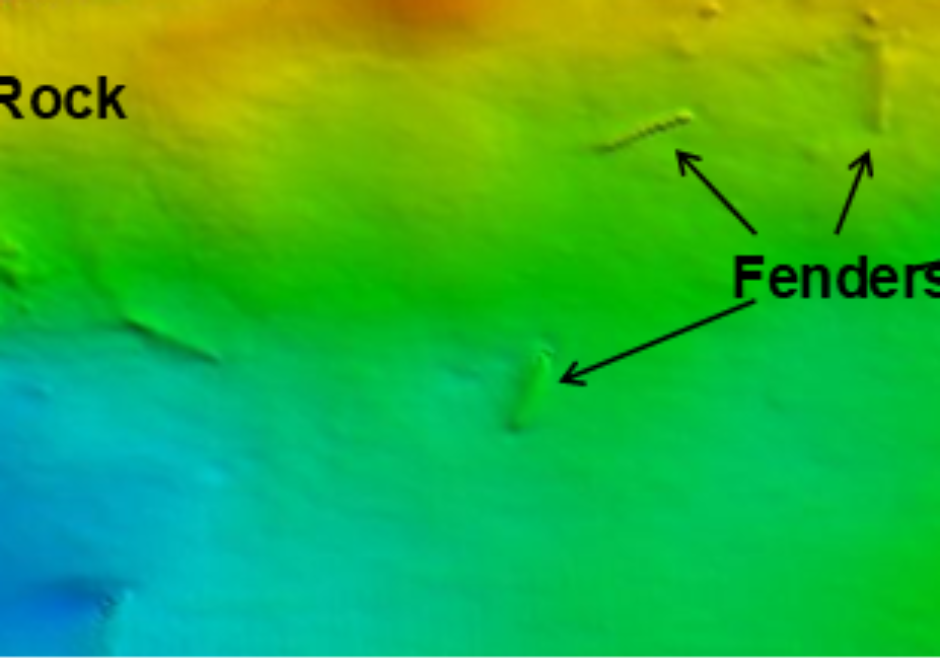3D multibeam image acquired during high resolution object detection survey at the Morehead City State Port showing location of submerged fenders