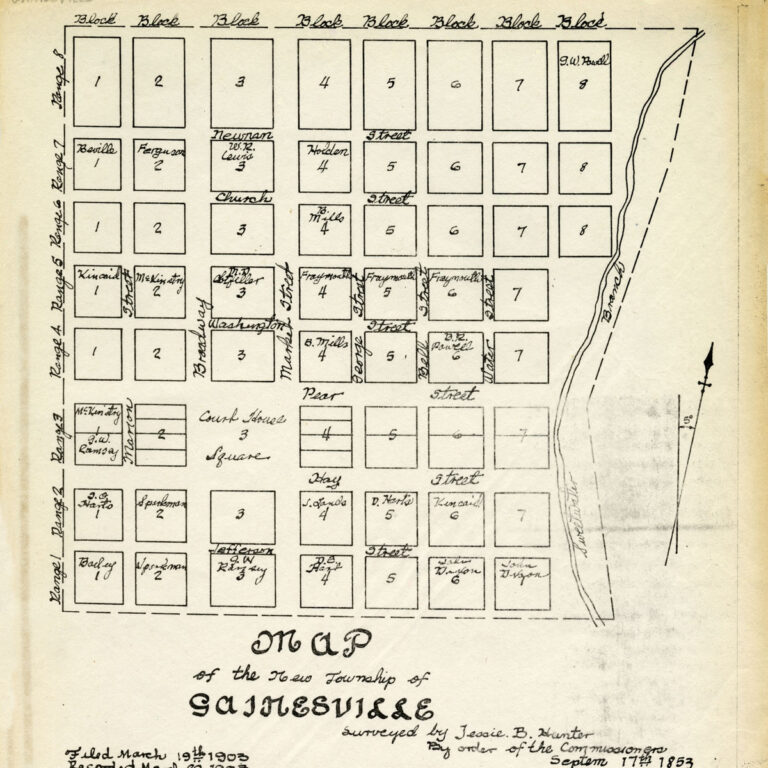 Legal descriptions in land surveying are used to define the exact boundaries and dimensions of a piece of property. Map of Gainesville, 1853.